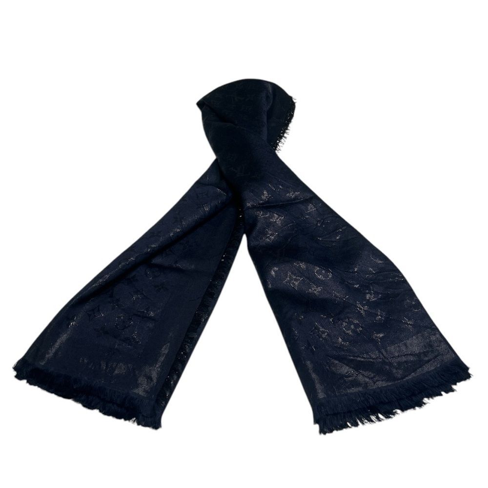 LOUIS VUITTON Silk Wool Monogram Shawl Night Blue